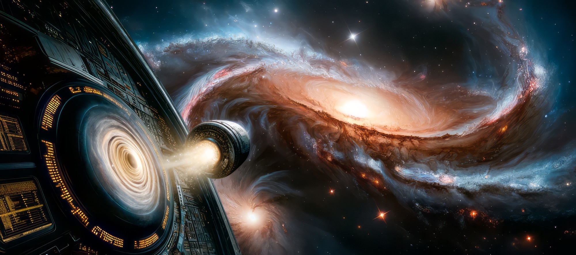 The Galactic Kongress floating in space as the Milky Way collides with Andromeda